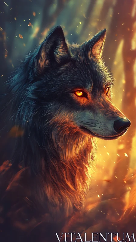 Luminous ember-eyed wolf rendered in dramatic digital chiaroscuro