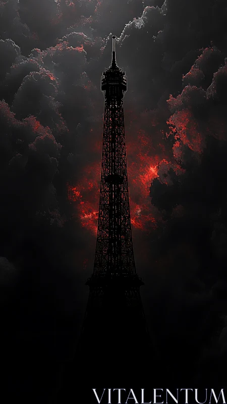 Dark Eiffel Tower silhouette against red storm clouds.