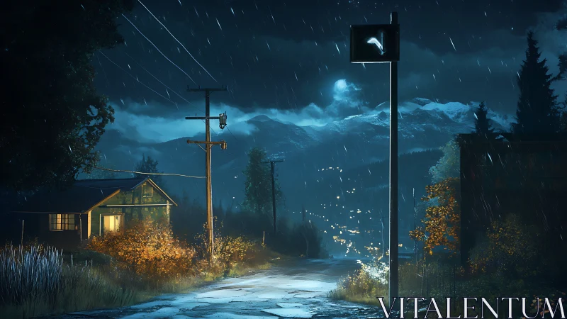 Rainy mountain lane glowing with small-town night magic.