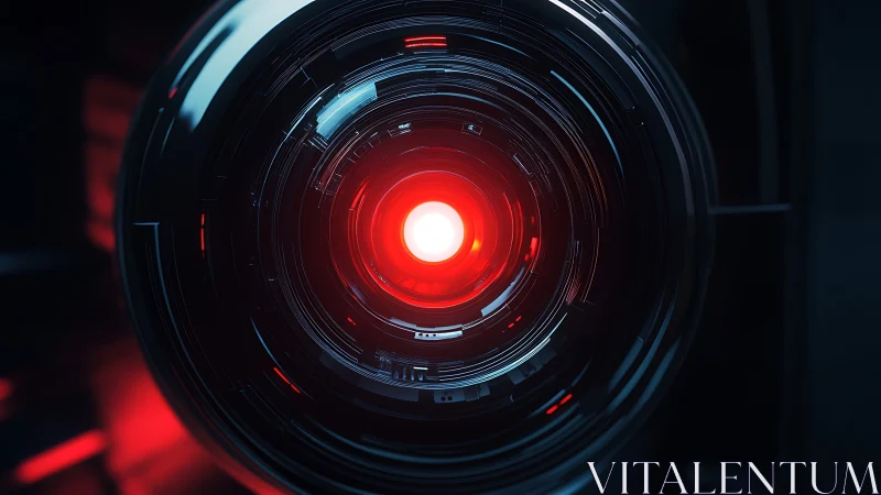 Red illuminated robotic camera lens in dark circular housing.