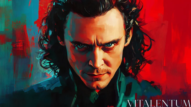 Intense male portrait in red teal abstract brushwork.