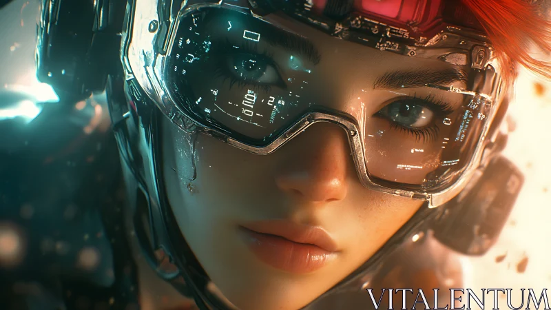 Cybernetic pilot close-up with HUD visor and neon reflections