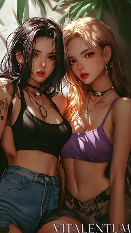 Two stylized girls pose in dappled sunlight with bold contrast