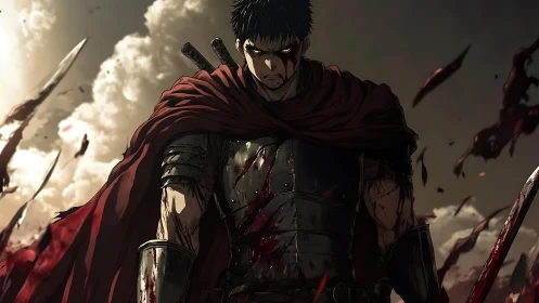 Blood-soaked armored warrior under storm-lit battlefield sky.