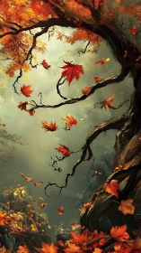 Crimson leaves swirl around a storytelling autumn tree.