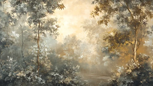 Muted forest landscape with mist and reflective water surface.