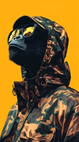 Stylized gorilla wears camo jacket and mirrored sunglasses