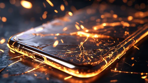 High-detail smartphone glass fracture with glowing thermal sparks