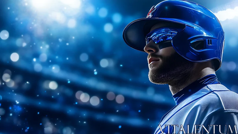 Cyber-lit baseball batter in blue helmet under stadium floodlights
