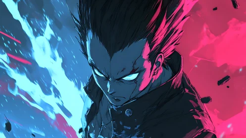 Anime character glows with intense blue and pink opposing energy