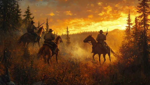 Cowboy riders survey a sunset forest in painterly chiaroscuro