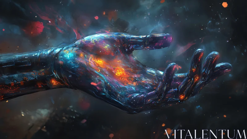 Luminous cybernetic hand opens in a storm of cosmic embers