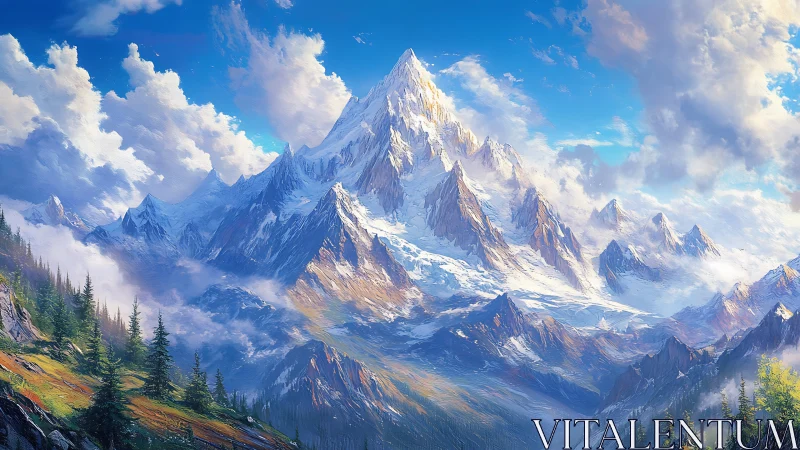 Digital painting of alpine peak with luminous atmospheric depth.