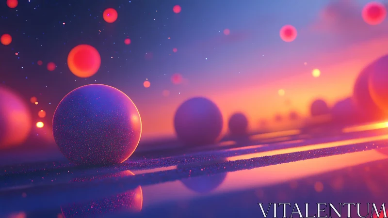 Glowing spheres over reflective surface at digital sunset.