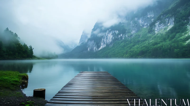 Misty mountain lake with wooden pier and calm turquoise water.