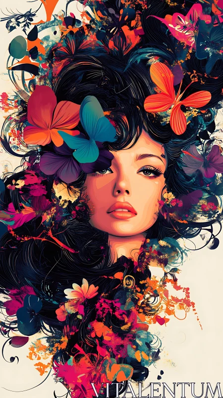 Chromatic vector portrait with floromorphic hair topology.