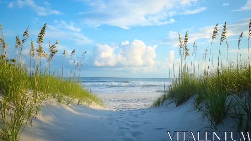 Serene sandy dunes frame a calm, pastel morning shoreline.