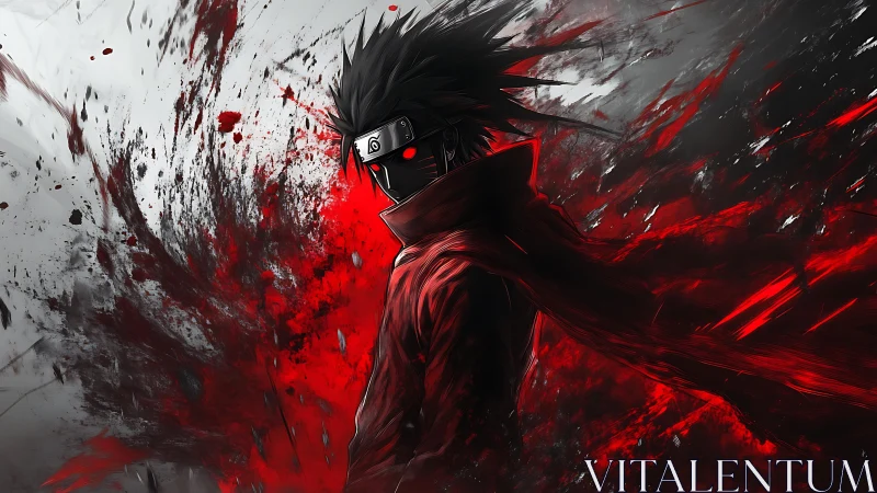 Shadow ninja silhouette amid erupting crimson energy storm.