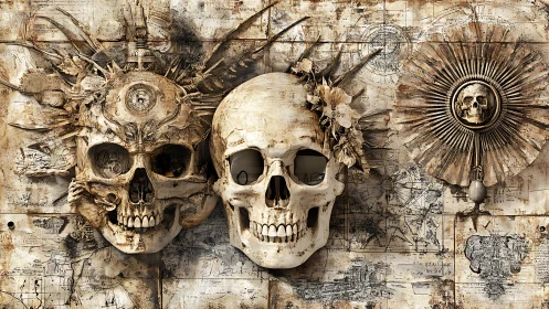 Skulls with mechanical ornaments overlay detailed vintage maps