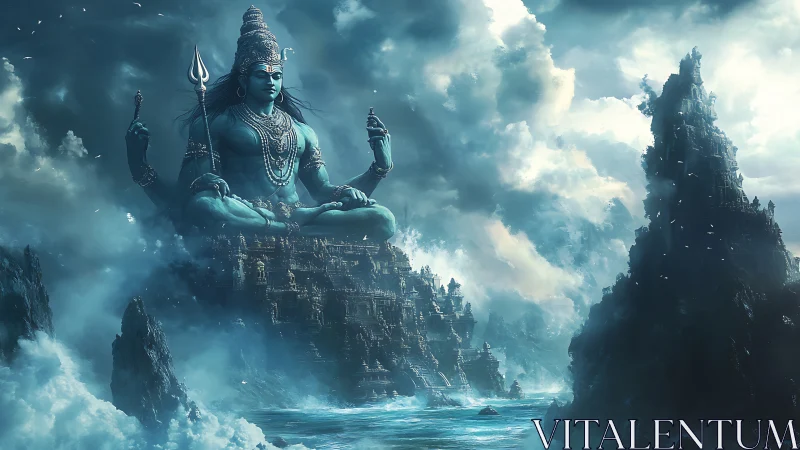 Storm-veiled ocean deity towering above drowned temples.