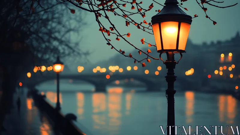 Riverside streetlamp illuminates walkway before distant bridge