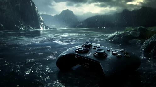 Game controller rests in stormy, hyper-real seascape.