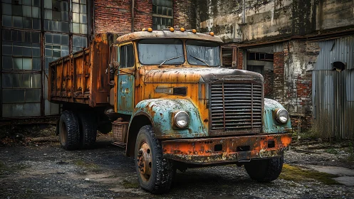 Rusting orange dump truck stands in decayed industrial yard