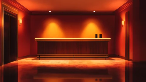 Hotel reception counter in warm red lobby lighting.