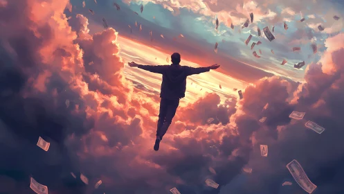 Silhouetted figure soars through glowing clouds and falling money