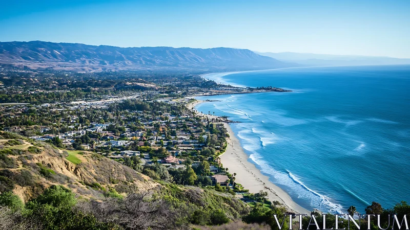 Sunny coastal town stretching along a calm blue shoreline.