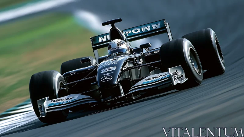 Silver bullet race car carves a shimmering arc of speed