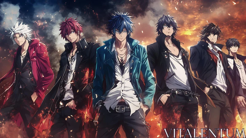 Stylized anime gang leaders amid cinematic firestorm backdrop