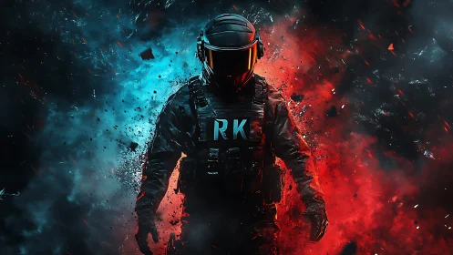 Armored figure stands centered between red and blue effects