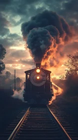 Steam locomotive on tracks under dramatic sunset sky.