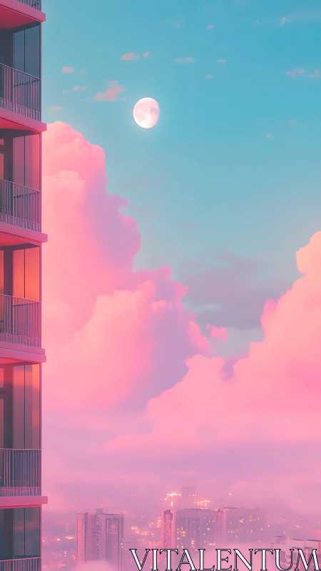 High-rise balcony overlooks pastel city skyline and moon