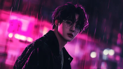 Neon rain drifter in magenta soaked midnight alleys.