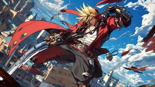 Sword wielding fighter in red coat over stylized cityscape.