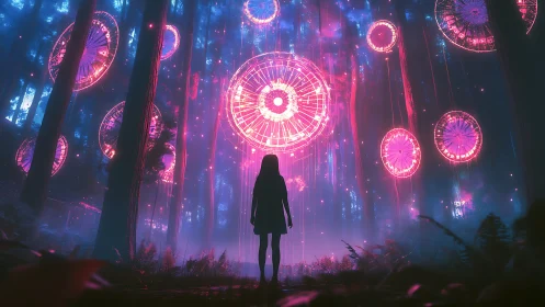 Silhouette observes radial neon structures suspended in forest