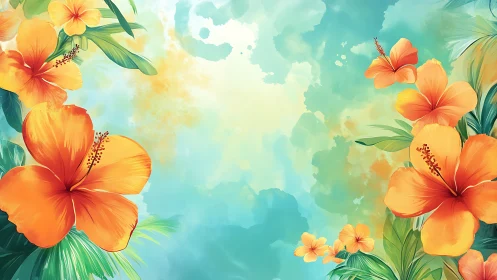 Tropical Hibiscus Garden with Watercolor Sky Composition.