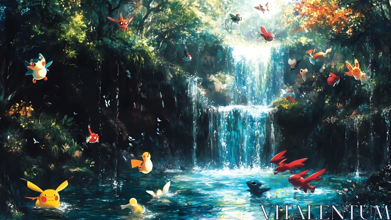 Playful pocket creatures enjoy a sparkling forest waterfall