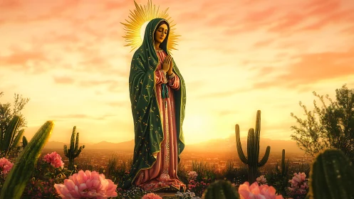 Radiant robed figure in desert skyline with luminous halo field.