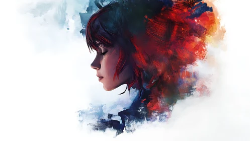 Solitary profile dissolves into expressive crimson brushwork.