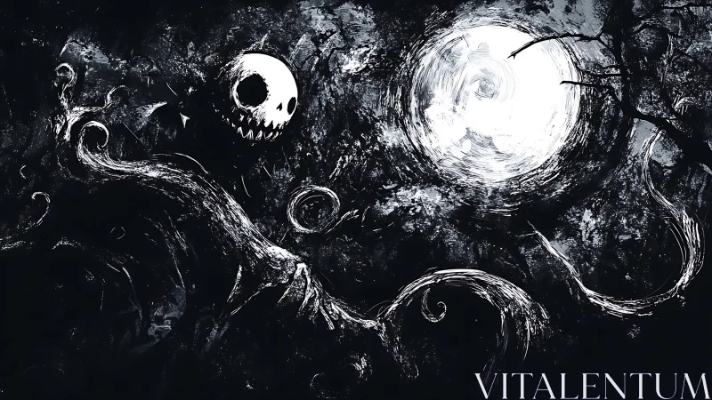 Monochrome skeletal figure under swirling high-contrast moon