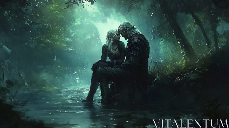 Two figures embrace in rain-soaked forest illuminated by ethereal green light
