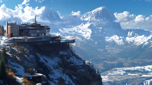 Futuristic cliffside research base overlooking snowy range.