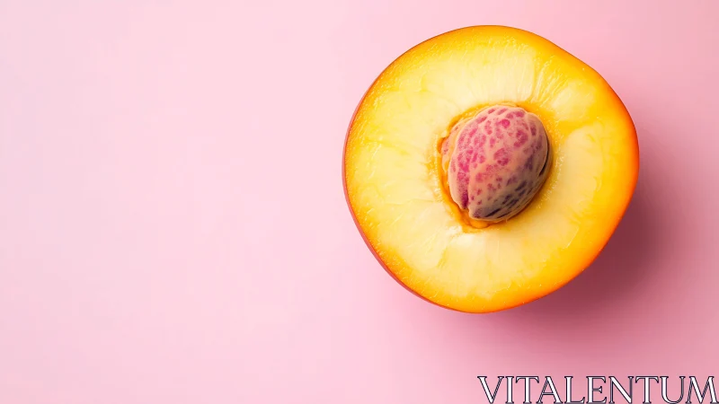 High-key macro of ripe peach half on uniform pastel backdrop
