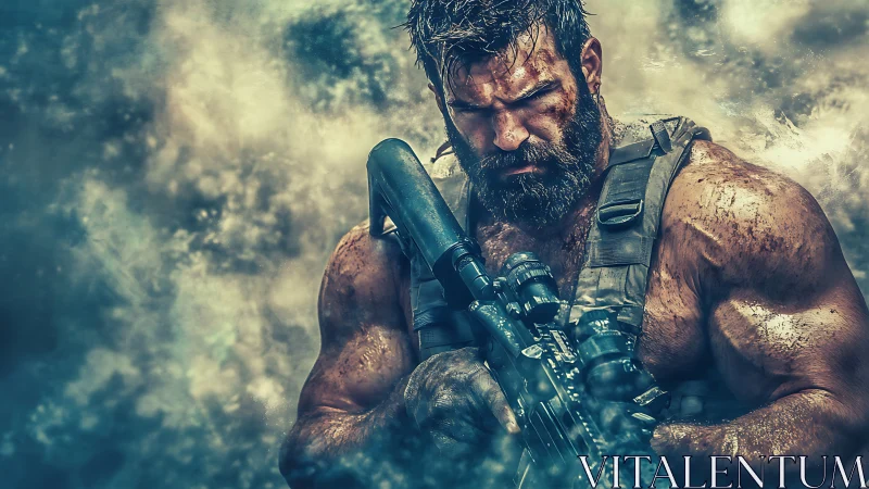 Gritty warrior steadies his rifle in a storm of swirling dust