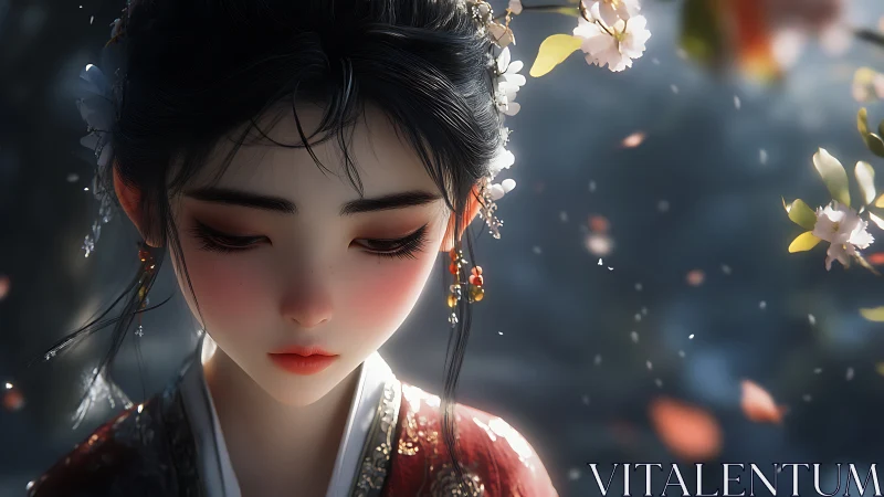 Digital portrait of woman in floral kimono under blossoms.