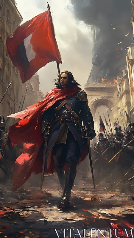 Revolutionary commander strides beneath burning city skies.