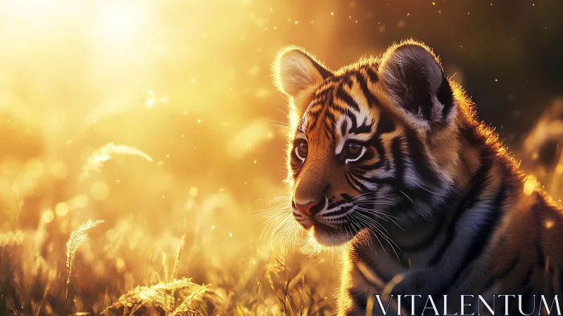 Backlit tiger cub rendered in warm bokeh-rich sunset grassland
